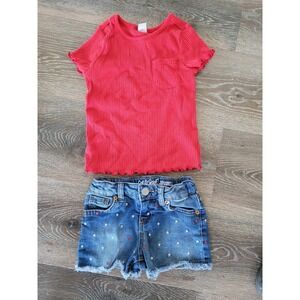 Old Navy Toddler Girl Denim Star Shorts and Red Top Outfit Set‎ 4th of July #7